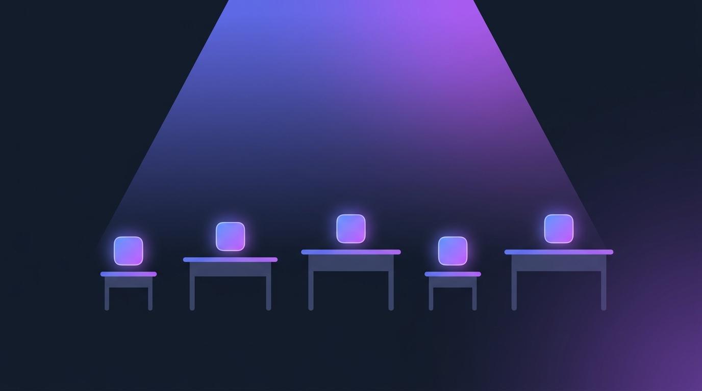 Desks of different sizes on a dark slate background, each holding the same glowing tile under one even beam of indigo and purple light — vector shapes, no legible text