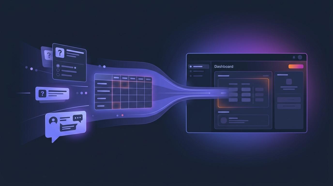 Abstract editorial illustration of an LMS dashboard receiving AI-generated questions, rubric-based grades, and tutor messages, with subtle Moodle-orange accents on an indigo background.