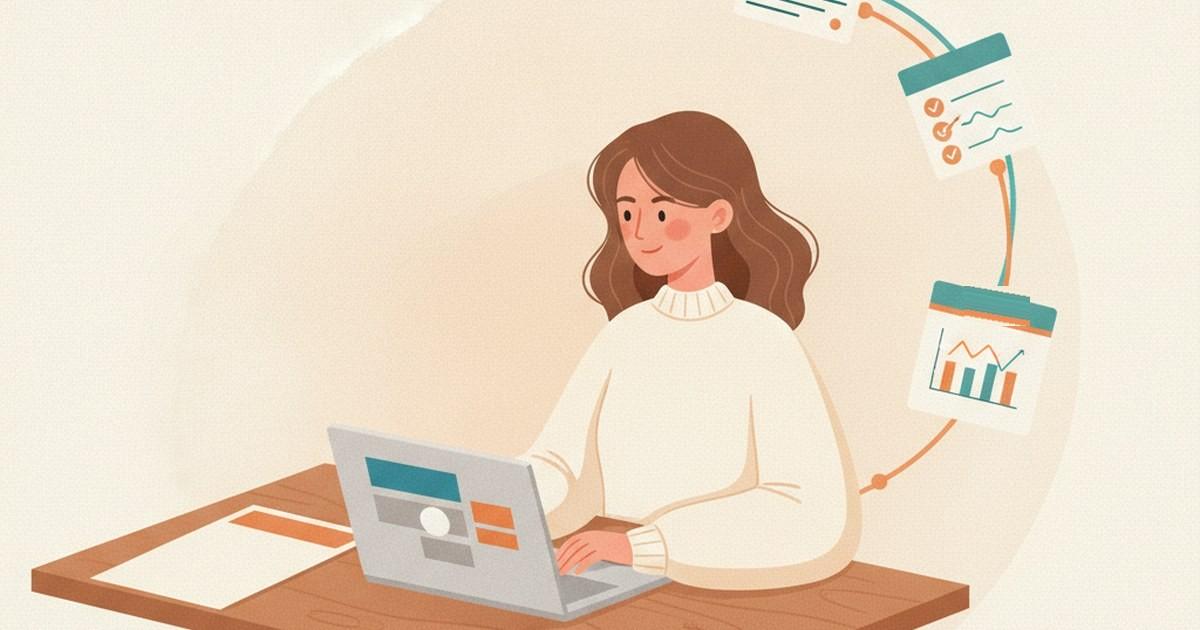 Warm editorial illustration: a teacher at a laptop in her own LMS, with a course taking shape beside her as connected lesson, quiz and analytics cards, in an orange and teal palette.