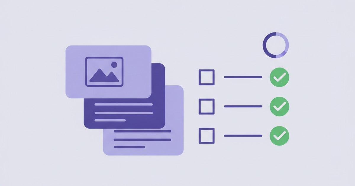Flat editorial illustration of a stack of uploaded document and image files beside a checklist with green approval checkmarks and a progress ring, on an indigo background.
