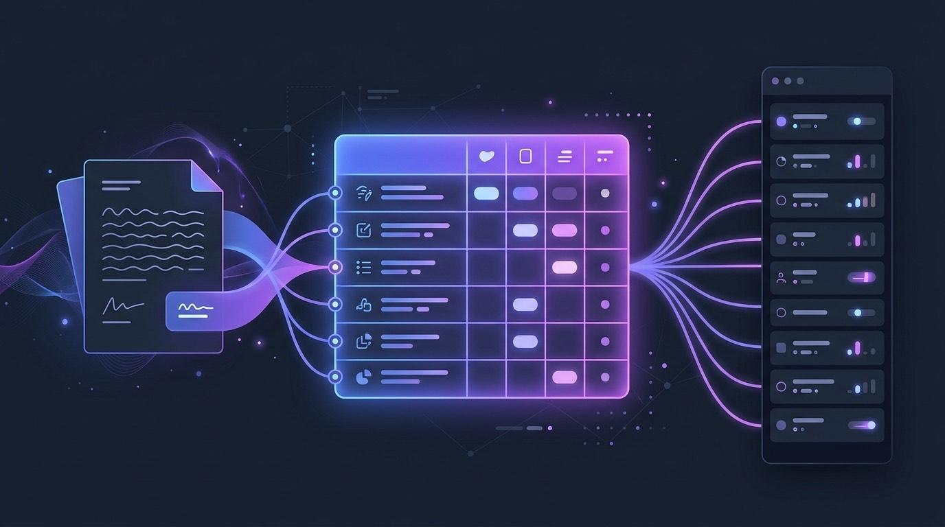 Abstract illustration of an AI grading workflow — a student essay flowing through a glowing rubric grid into an LMS gradebook column.