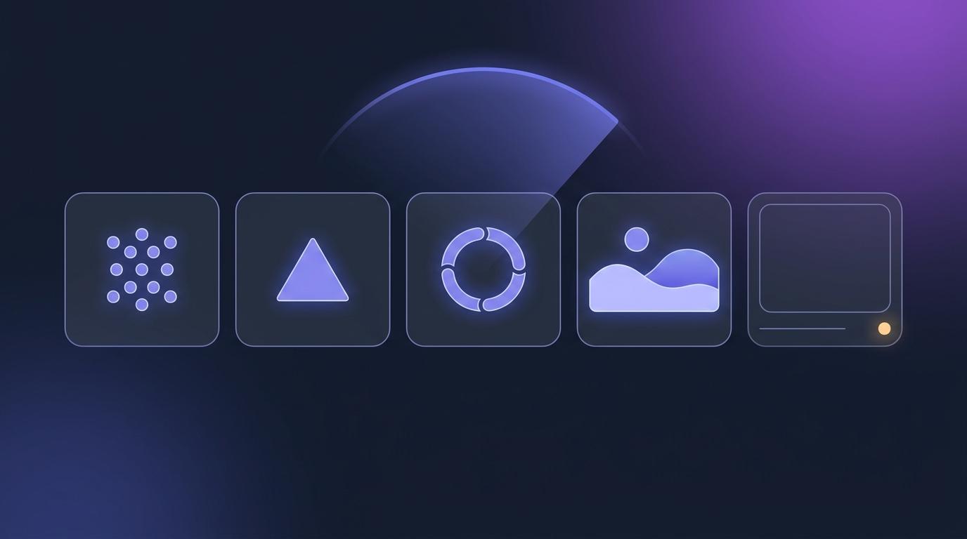 A row of abstract slide frames on a dark slate background: most hold a clean glowing illustration that has passed through a soft scanning arc, while one frame is left calmly empty with only a faint outline — vector shapes, no legible text
