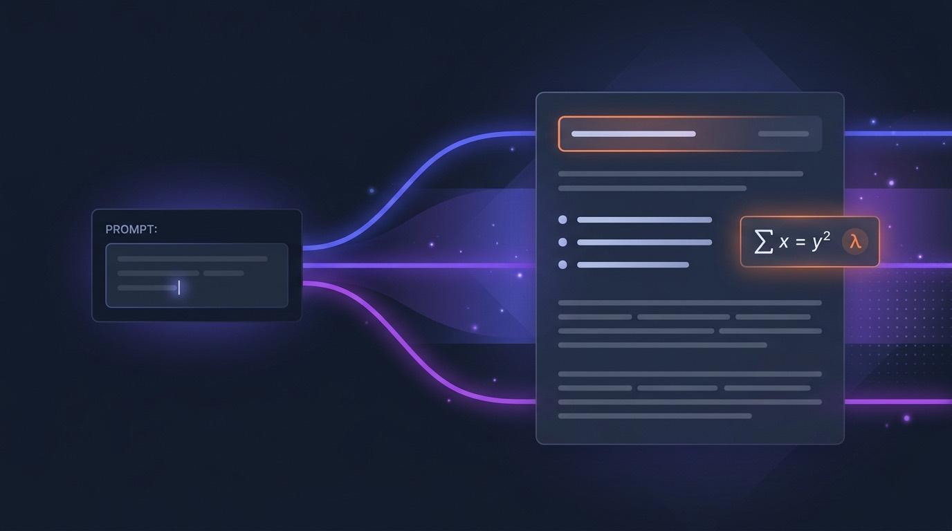 Abstract editorial illustration of a text prompt transforming into a formatted lesson page with headings, a list, and a math equation, on an indigo background.