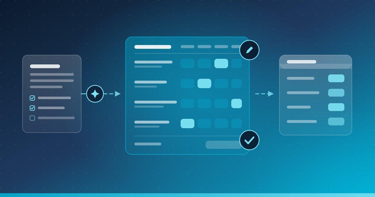 Flat brand illustration of rubric-based AI grading — an assignment brief and deliverable checklist alongside a criteria-by-levels rubric grid marked as an AI draft awaiting review, with edit and approval badges, flowing into an LMS gradebook.