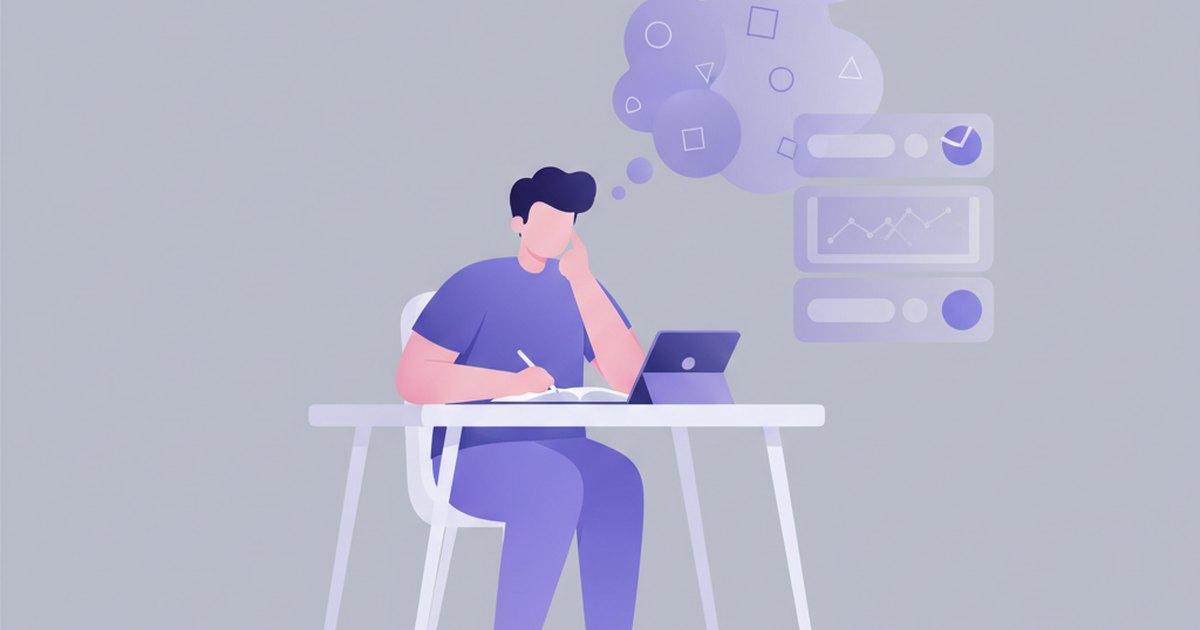 Flat editorial illustration of a student writing thoughtfully at a desk, with abstract thought bubbles flowing into a summary dashboard panel, on an indigo background.
