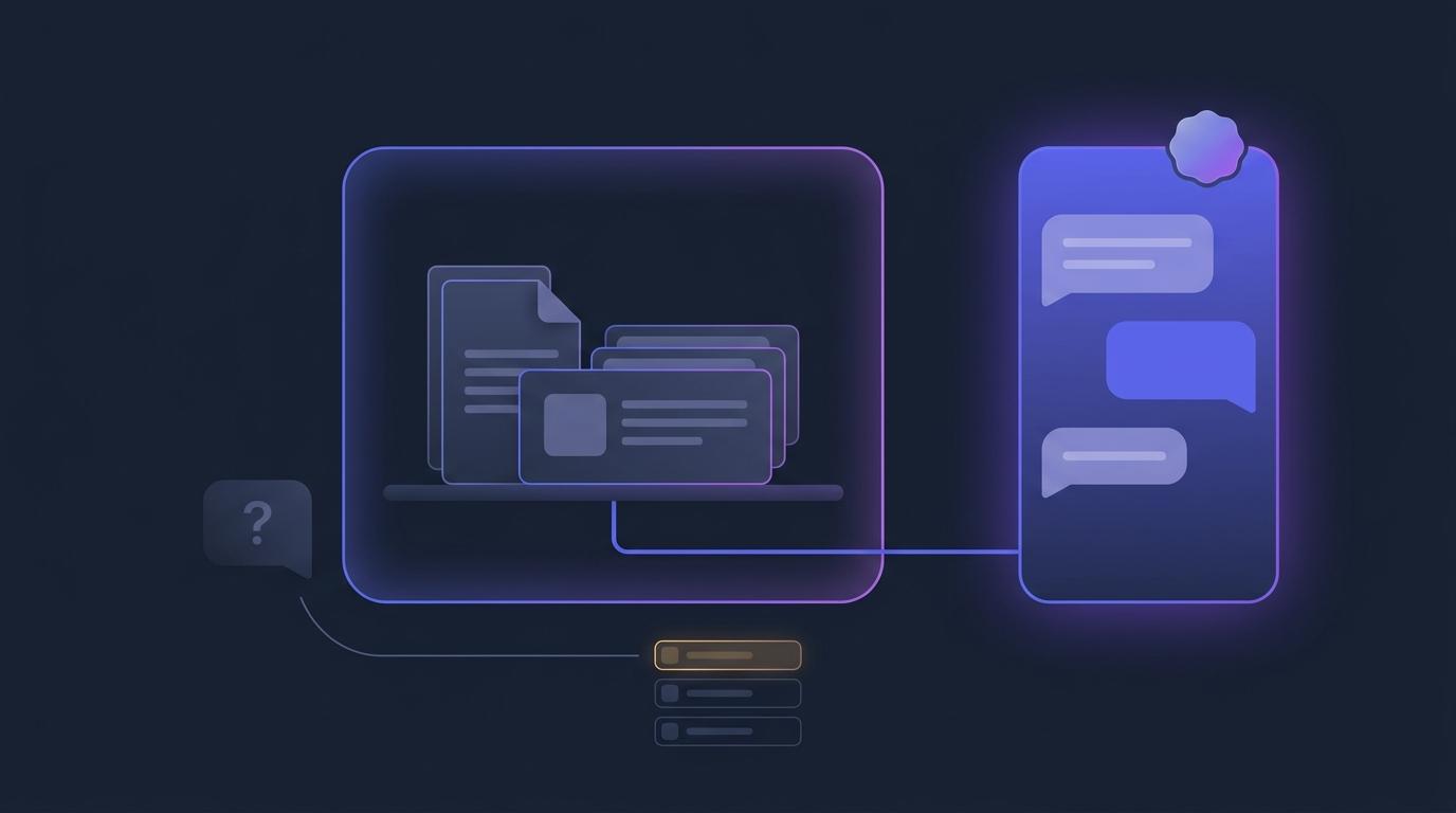 A chat panel tethered to a bounded course shelf of documents and lesson cards, answering from inside it, while one stray question outside the boundary is set gently aside onto a separate list — abstract vector shapes on a dark slate background, no legible text