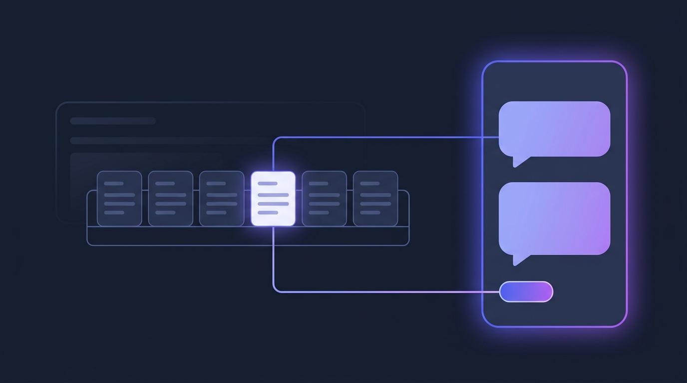 A chat panel beside a course, reaching out to open one report card from a rack of six and read its rows, with a small source tag linking the answer back to the report — abstract vector shapes on a dark slate background, no legible text