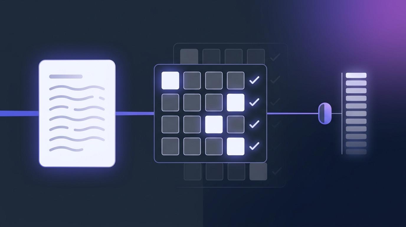 Abstract illustration of an essay submission passing through a criteria-by-levels rubric grid, with a hold point before the score reaches a gradebook column.