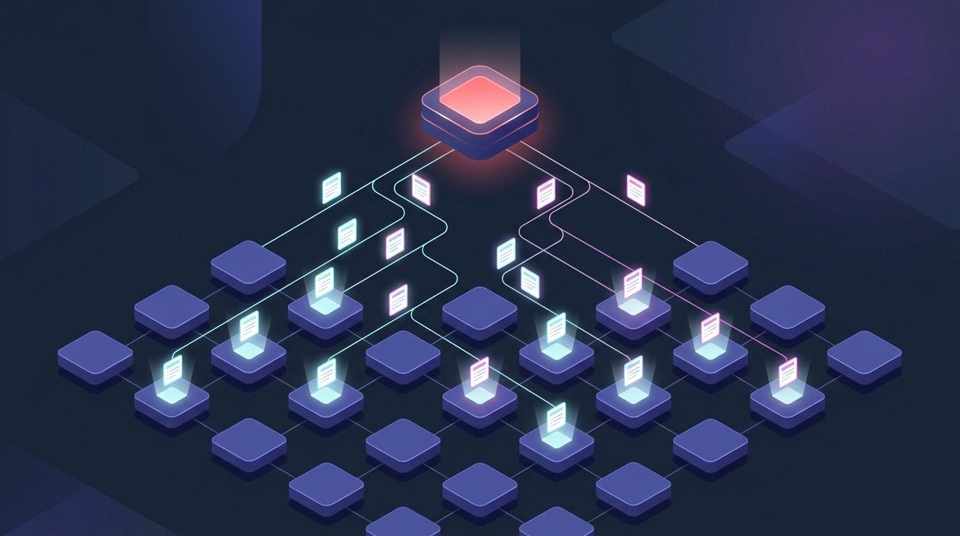 Isometric diagram of a Canvas Blueprint master course propagating synchronized content cards down to multiple child sections.