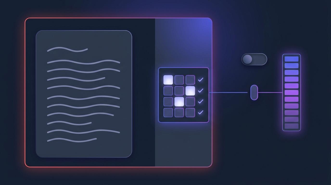 Abstract illustration of a written submission being scored against a rubric grid inside a grading pane, with a closed gate before the score reaches a gradebook column.