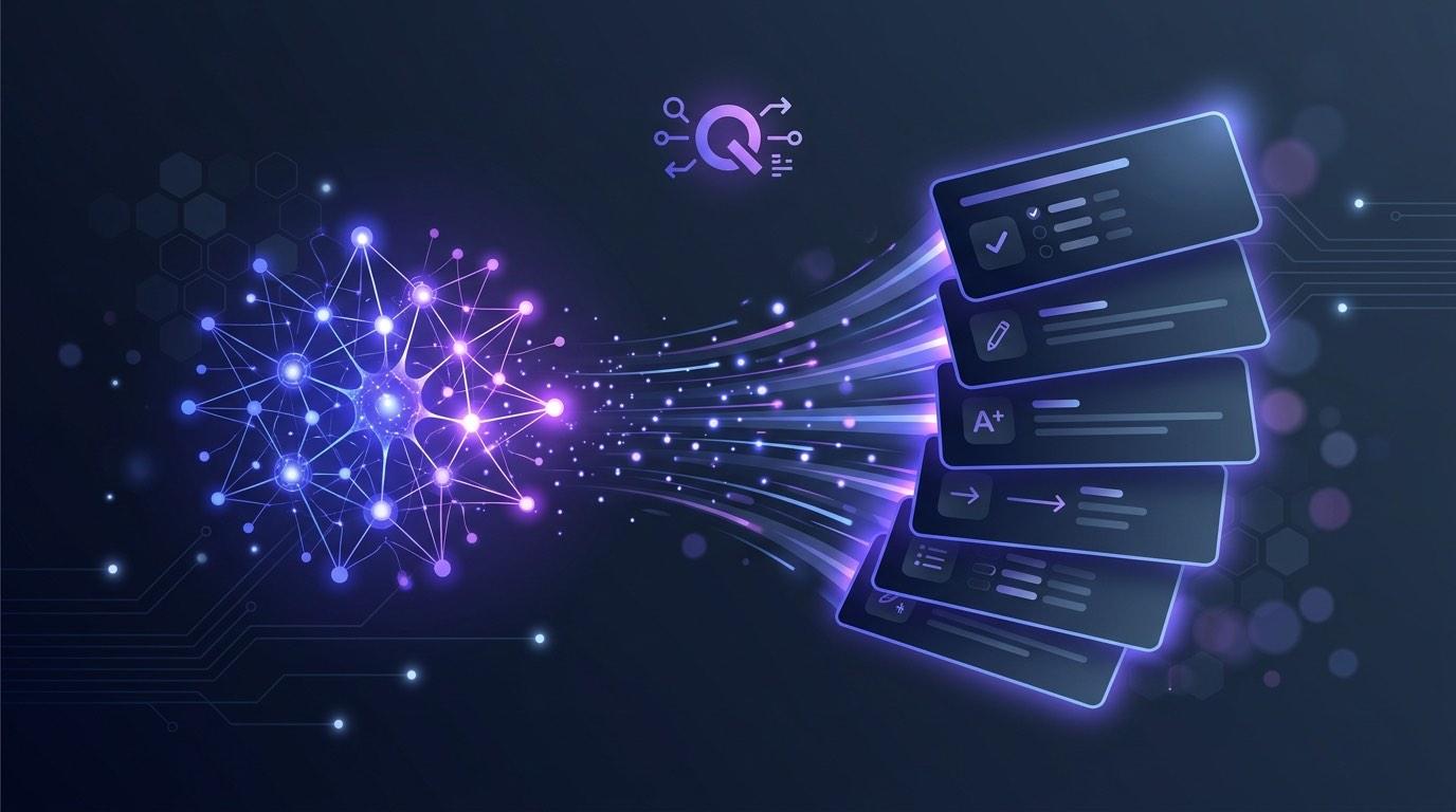 Abstract illustration of an AI question generator producing a stack of multiple-choice and short-answer question cards.