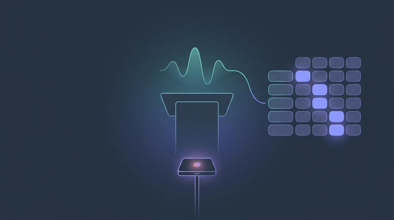 A small lectern with a soft audio waveform rising from it, a recording device on a stand in the foreground, and a rubric grid with glowing indigo and teal cells beside it — flat vector shapes on a dark slate background, no people, no legible text