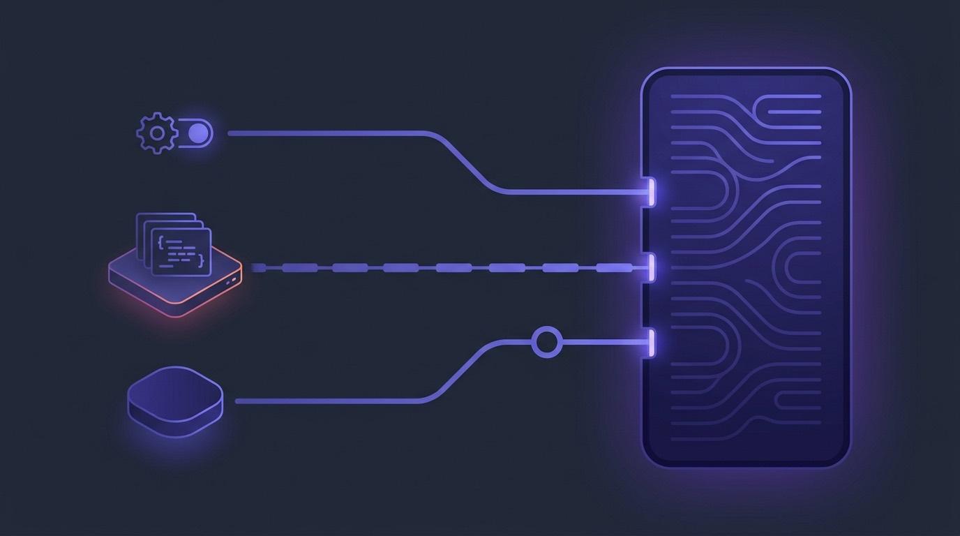 Abstract illustration of three routes converging on a single Moodle course panel — one from a site-settings gear, one from an installed code block, one from an external tool node.