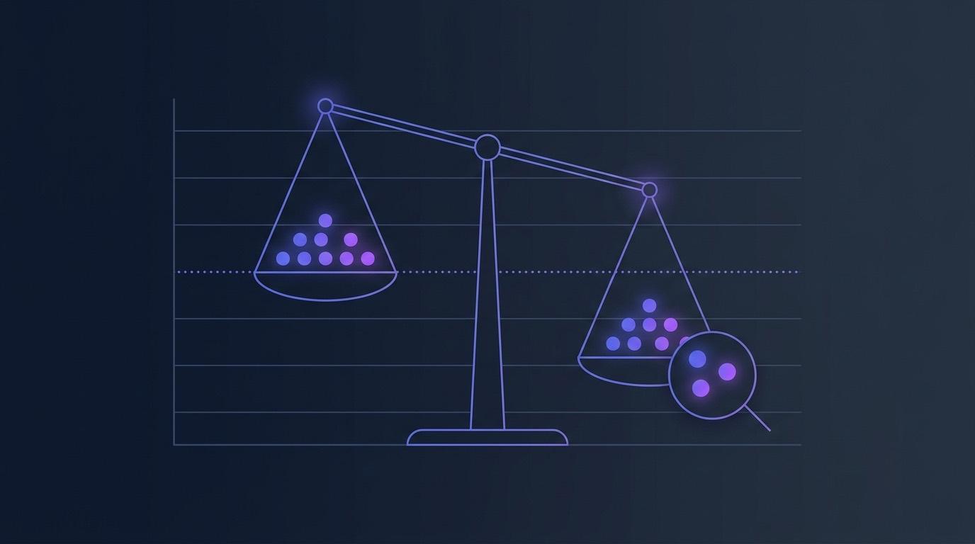 Abstract illustration of two sets of scores being compared on a balance, with one band of results sitting systematically higher than the other.