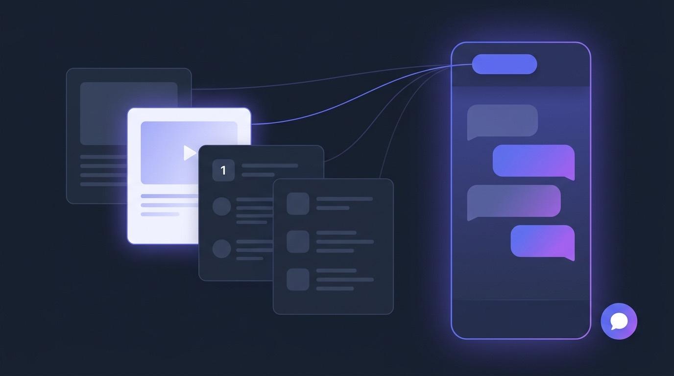 Abstract illustration of a single glowing chat panel docked beside a stack of lesson, quiz and resource cards, with a context tag linking the panel to whichever card is active.
