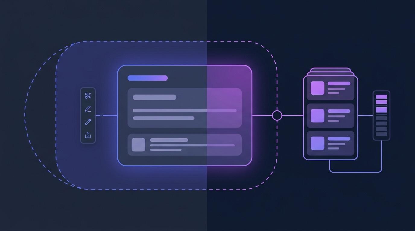 Abstract illustration of two AI surfaces meeting one Moodle course — a settings-driven panel inside the platform and an external tool node connected by a standards link.
