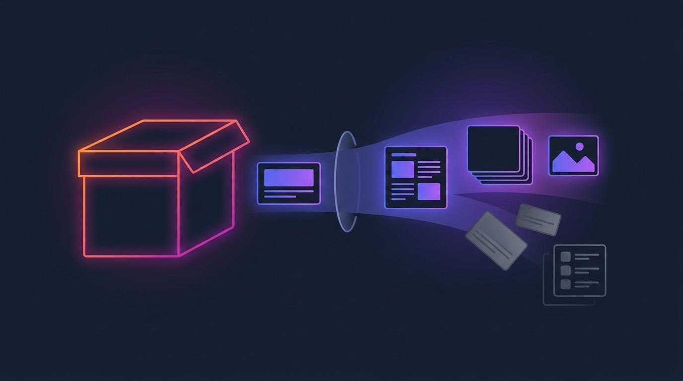 Flat editorial illustration of an open course package on the left feeding a stream of lesson-page and question cards through a lens, with several greyed-out items diverted downward into a separate skip list, on a dark indigo background.