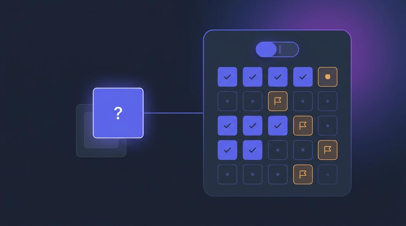 Abstract illustration of a numbered quiz-question grid with answered, unanswered and flagged states, each shown by its own glyph and colour, beside a single highlighted question.