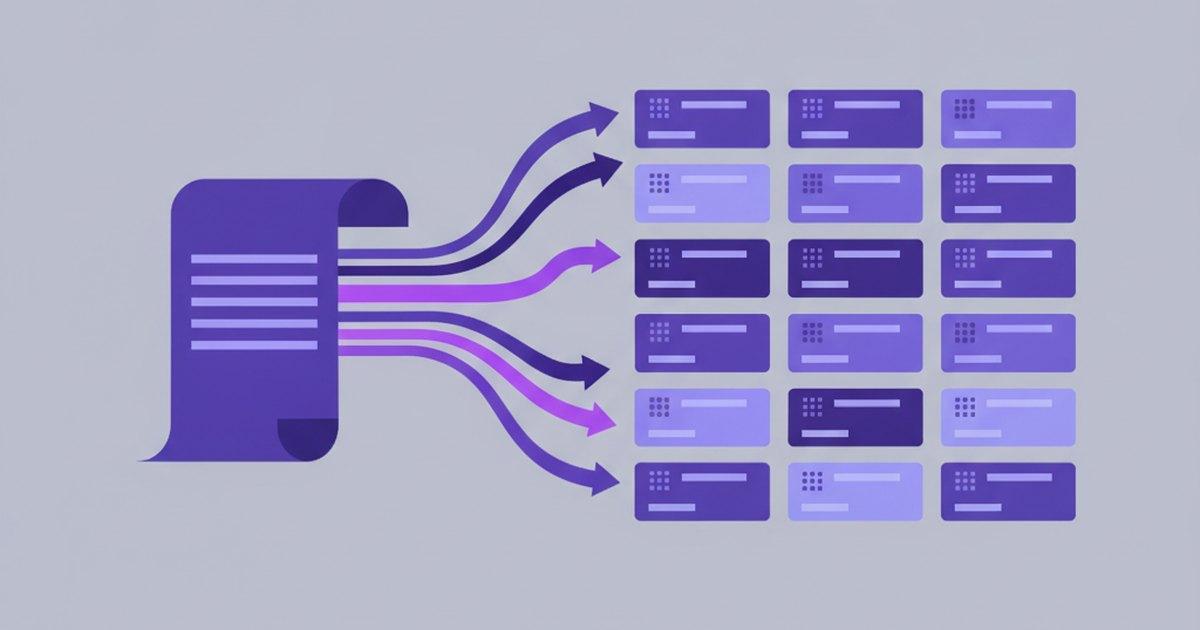 Flat editorial illustration of a single syllabus document on the left, arrows flowing into an organized grid of module cards on the right, on an indigo background.
