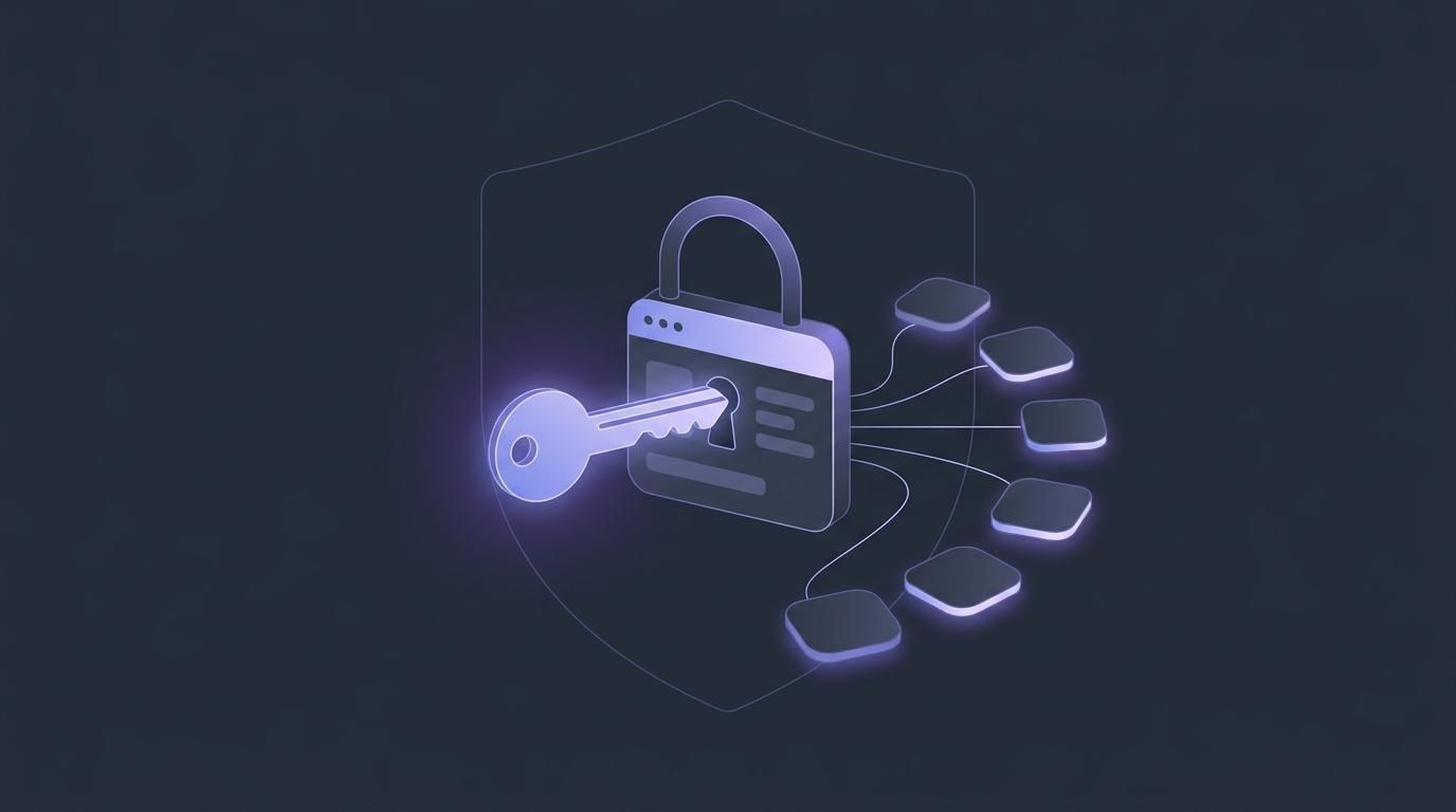 A single glowing key fitting into a softly lit lock shaped like a course page, on a dark slate background with indigo and purple highlights — vector shapes, no legible text