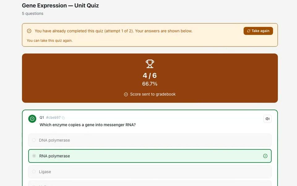 EduGears AI 测验构建器，带问题分组并向 LMS 成绩簿回传成绩