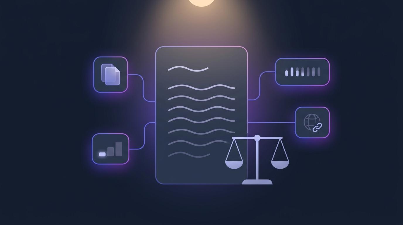 A single essay card under a soft desk-lamp glow, surrounded by four small calm signal tiles joined to it by thin indigo lines, with a balanced scale resting beside it — flat vector shapes on a dark slate background, no legible text