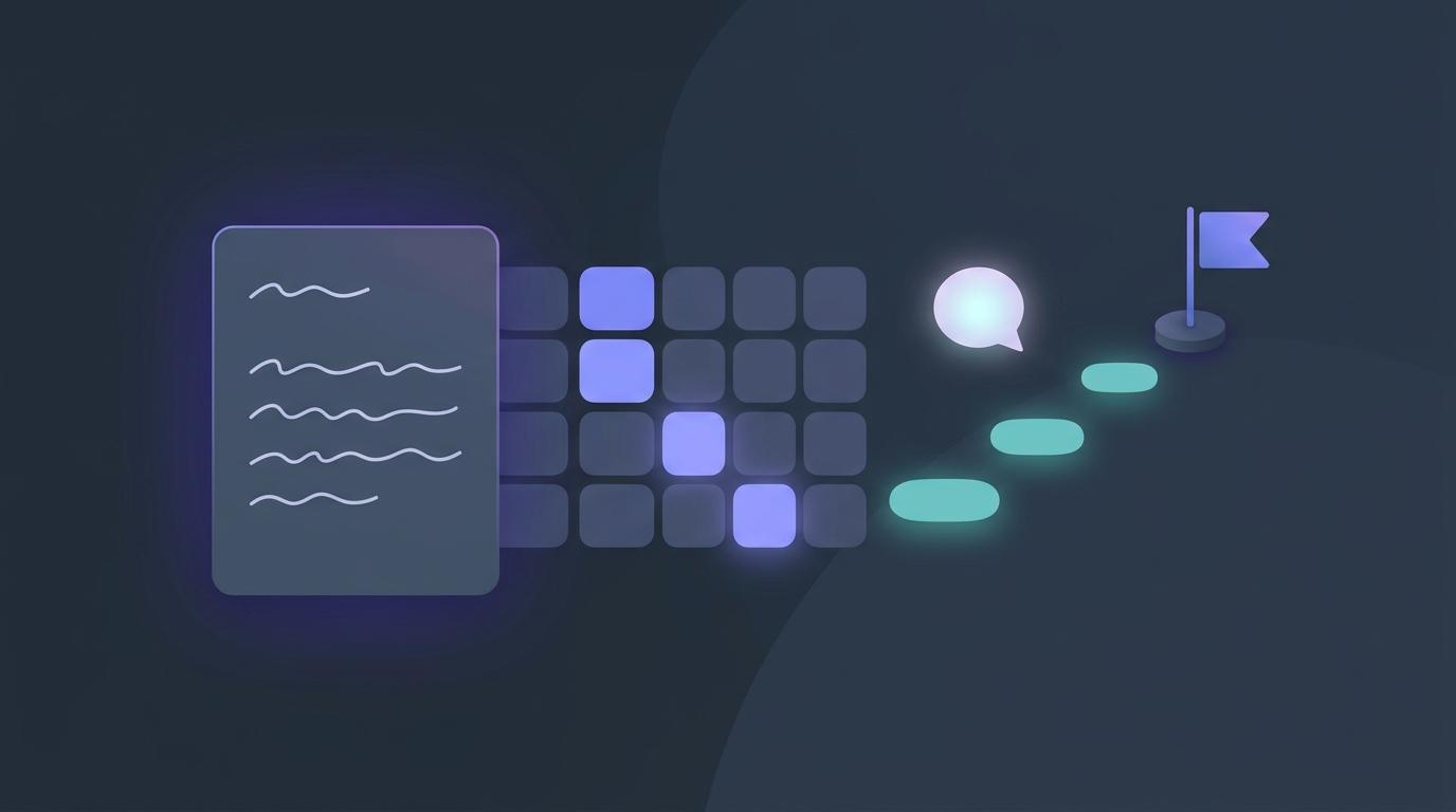 A student's submitted page beside a rubric grid with one highlighted level per row, and a short path of teal stepping stones leading to a small flag, with a glowing speech bubble beside it — flat vector shapes in indigo and teal on a dark slate background, no legible text