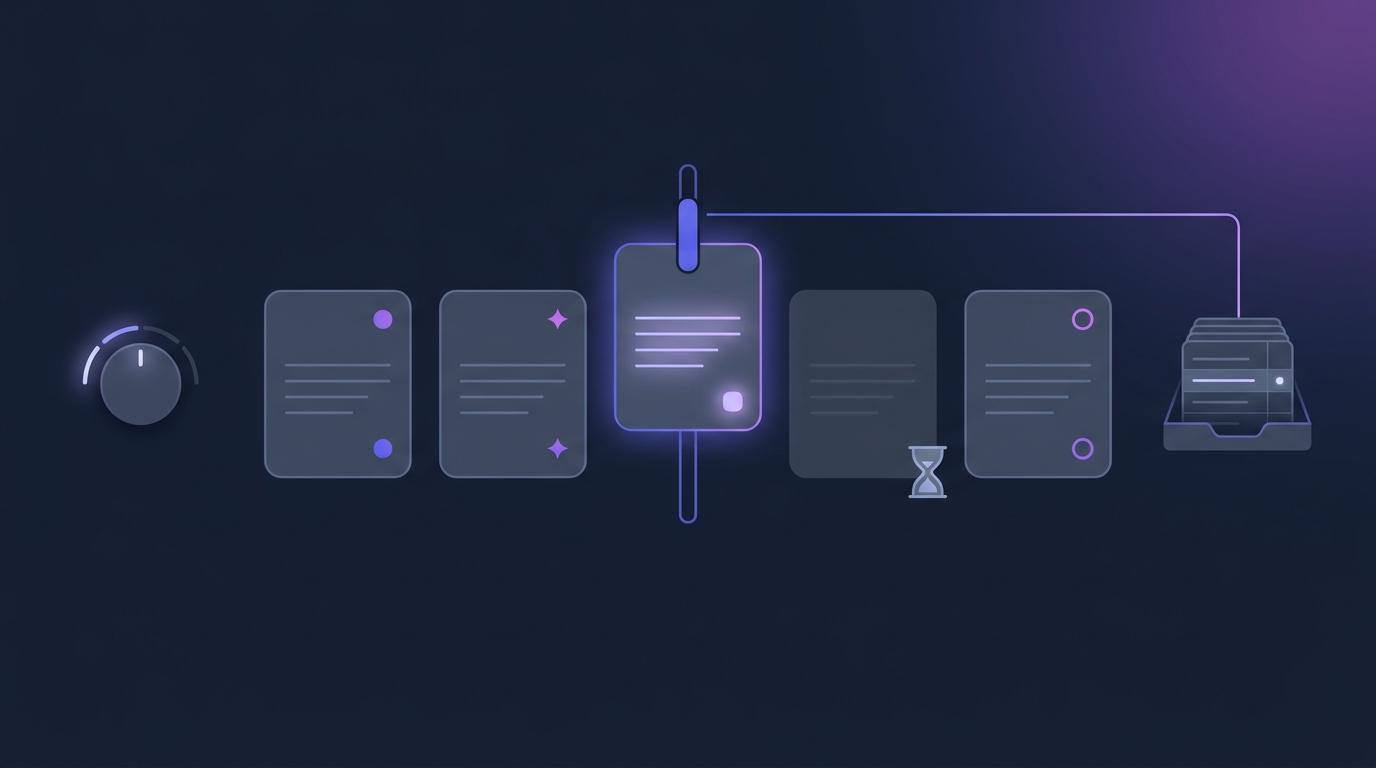A row of answer cards each carrying a small provenance tag, one card lifted out by an instructor's adjustment control and returned with a corrected mark, beside a dial with two settings and a small gradebook tray — abstract vector shapes on a dark slate background, no legible text