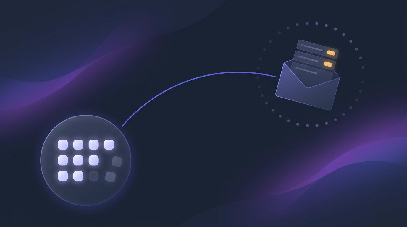 A calm envelope rising from a course dashboard carrying a short list of rows, two of them marked with a small bright tag, while a row of quiet student markers fades in the background — abstract vector shapes on a dark slate background, no legible text
