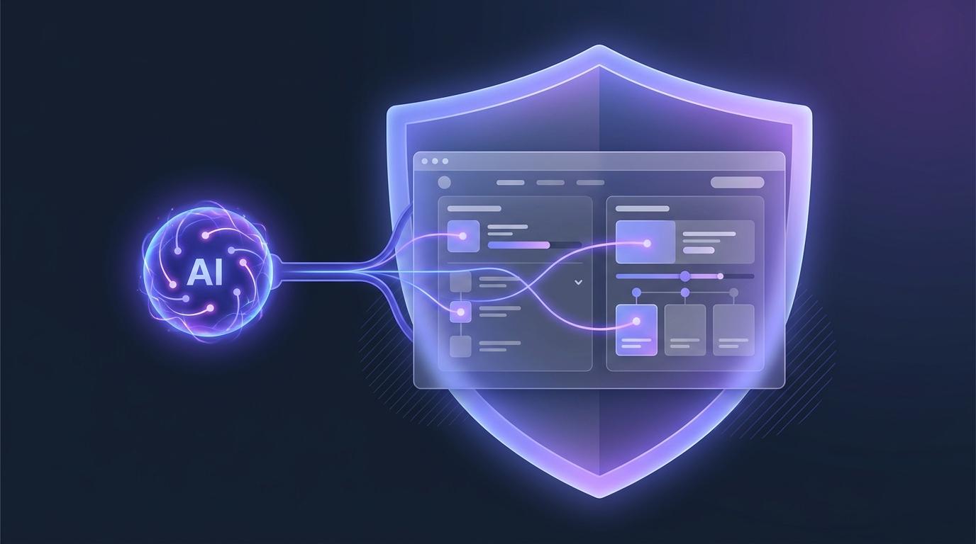 An AI orb plugging into a shielded LMS window that frames a Moodle and a Canvas course, threads of light staying inside the shield, on a dark slate background — no legible text