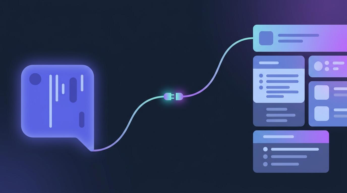 A chat bubble and a course page joined by a single bright cable with a glowing plug at its centre, on a dark slate background with indigo and teal highlights — flat vector shapes, no legible text
