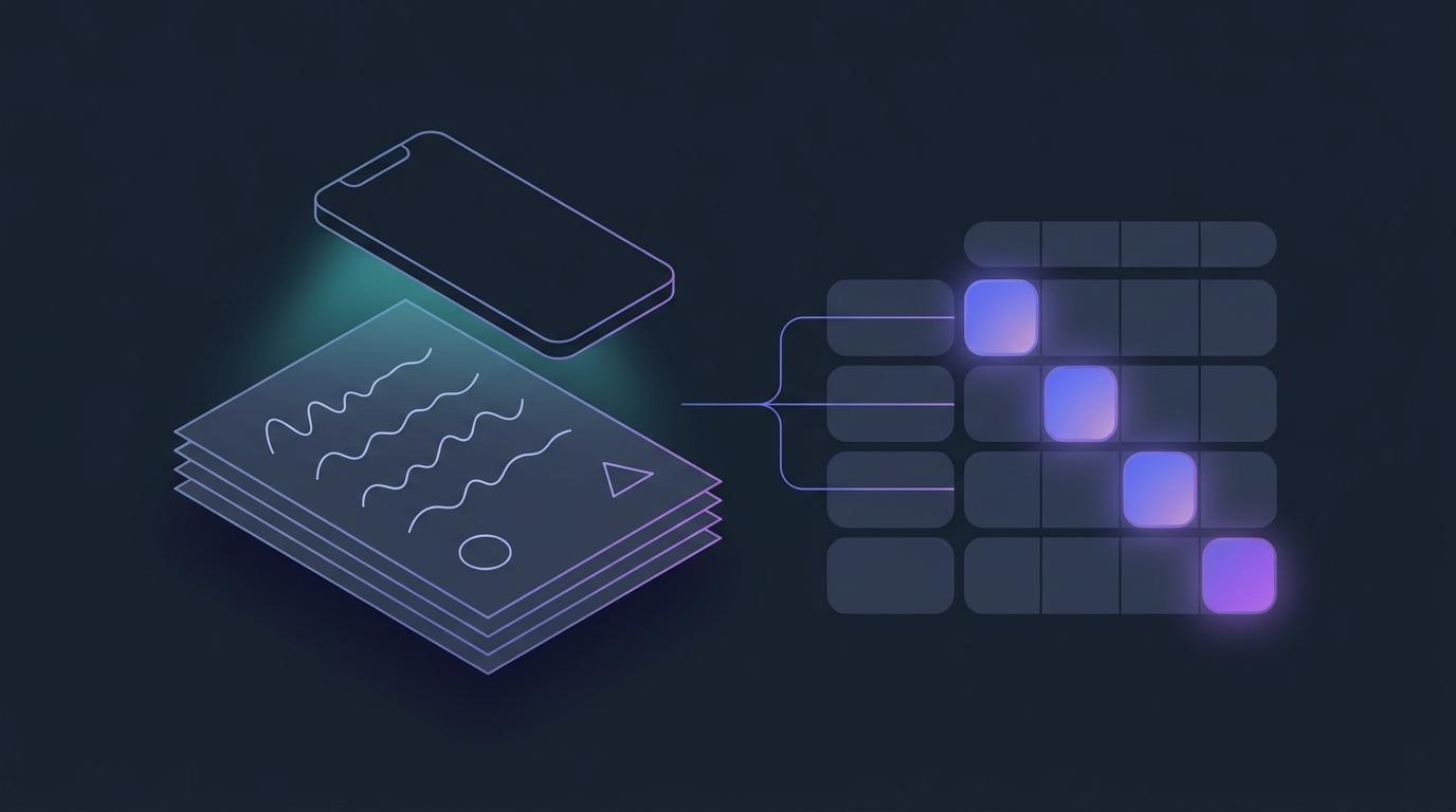 A short stack of pages with wavy handwriting lines and two simple sketched shapes, a phone hovering above to photograph the top page, and a rubric grid to the right with one glowing indigo cell in each row — flat vector shapes on a dark slate background, no legible text