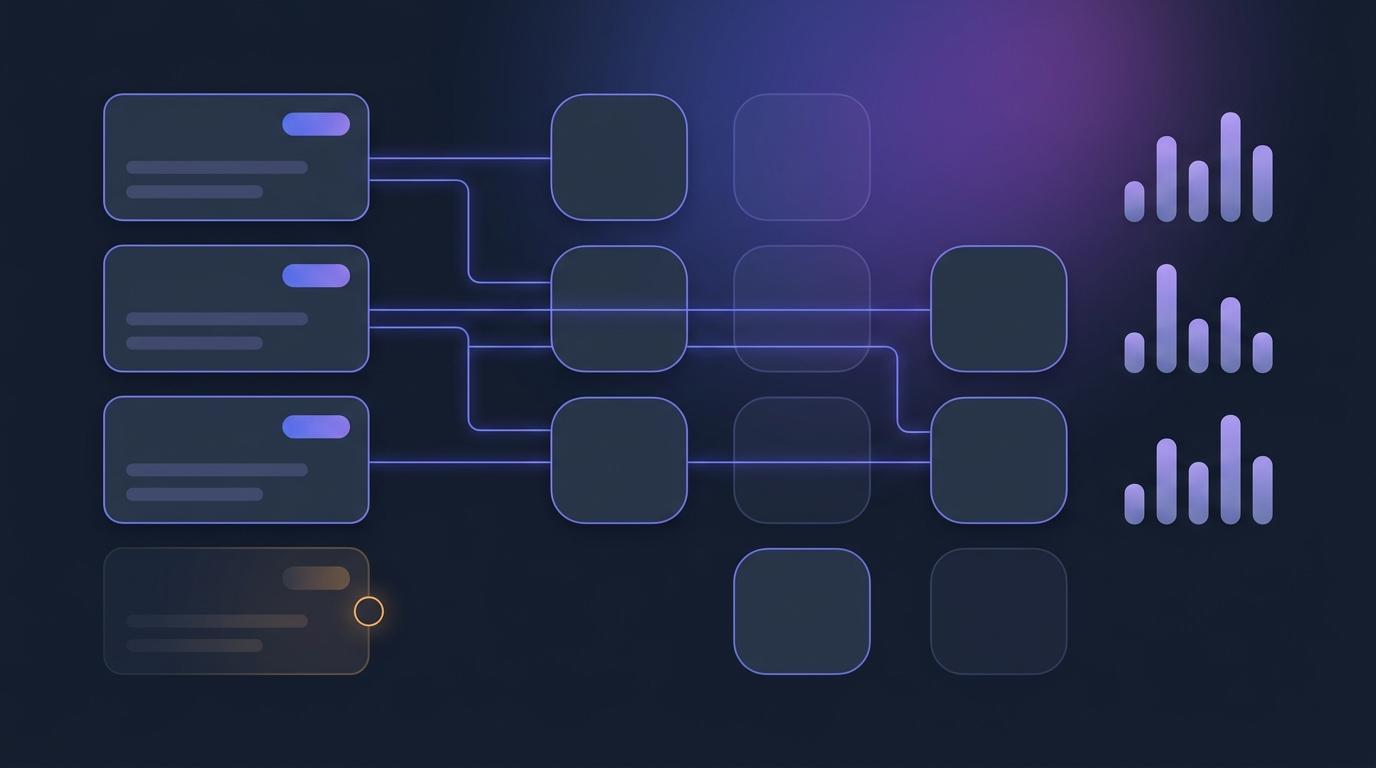 A short stack of outcome cards on the left, each joined by a thin glowing line to the course modules it maps to, with a row of evidence bars rising beside each outcome — abstract vector shapes on a dark slate background, no legible text