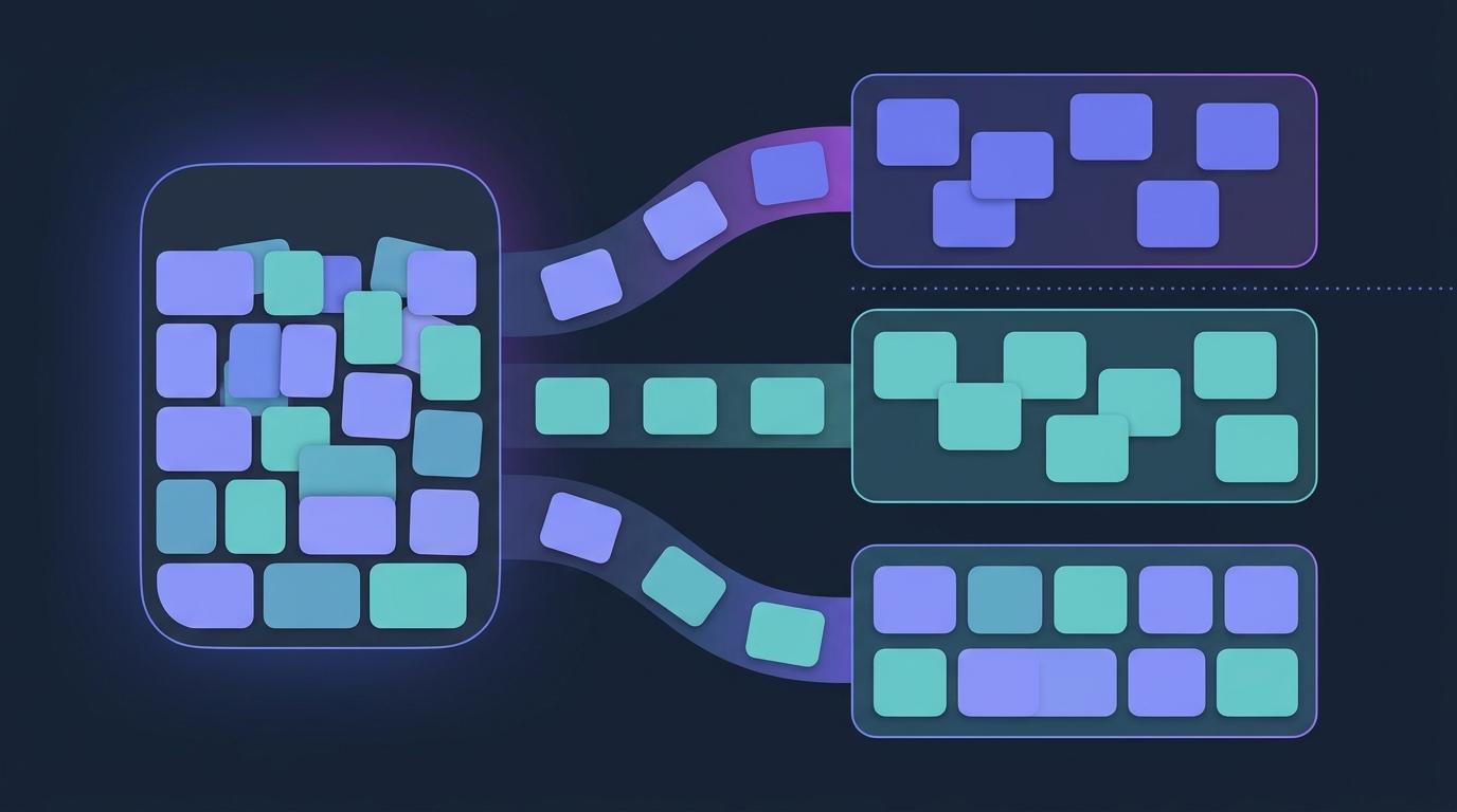 A large rounded pool of question cards on the left, with small sets of different cards flowing out to three separate quiz panels on the right, each panel holding its own mix — flat vector shapes in indigo and teal on a dark slate background, no legible text