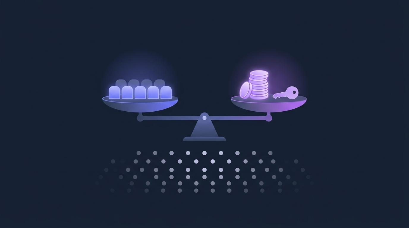A calm, balanced scale on a dark slate background: on one side a few simple seat shapes, on the other a small stack of glowing tokens and a key — vector shapes, no legible text