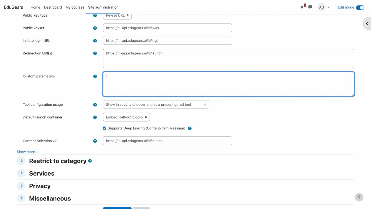 EduGears AI tool configuration showing Tool configuration usage set to Show in activity chooser
