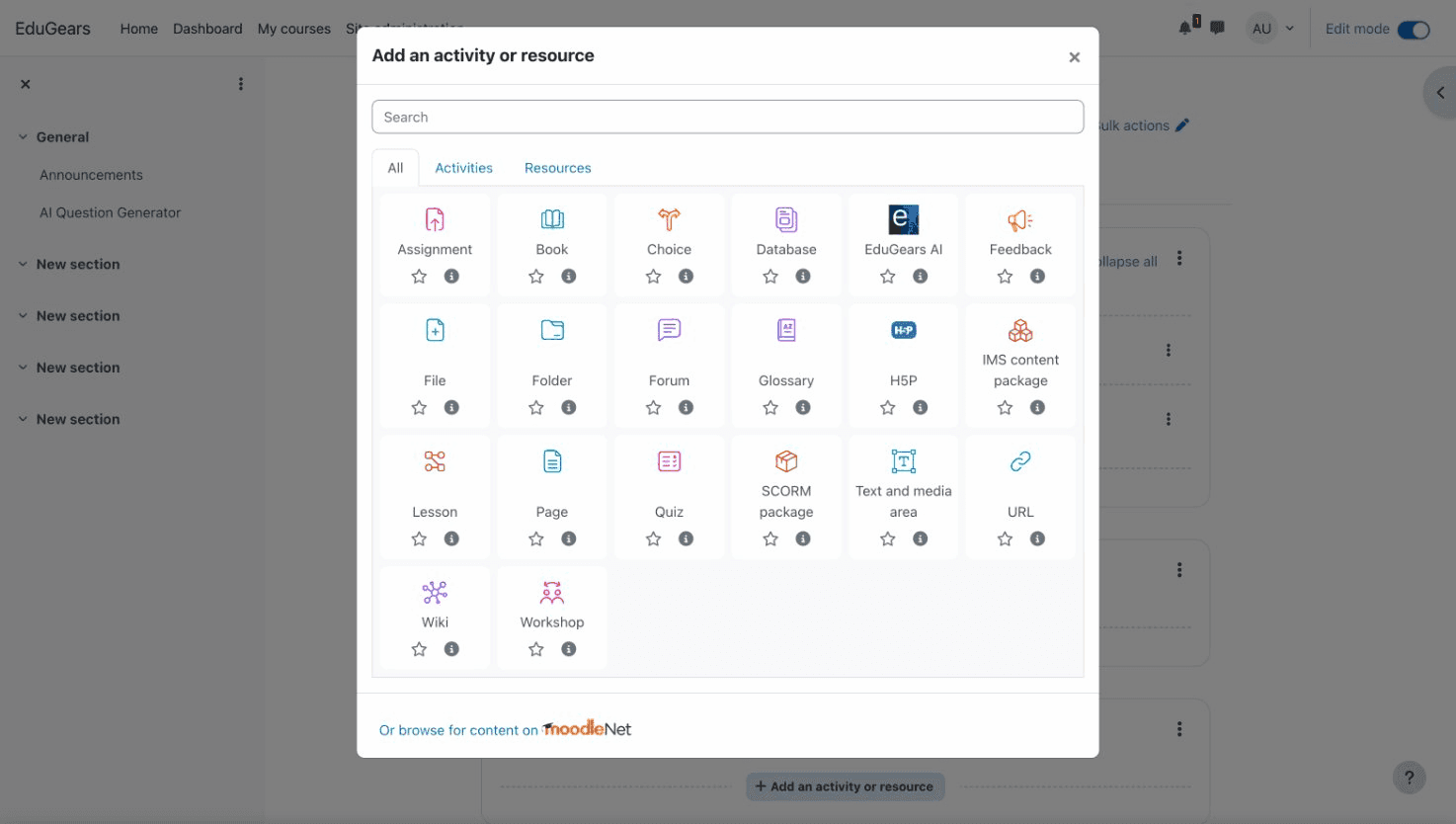 Moodle activity chooser showing EduGears AI as an available activity