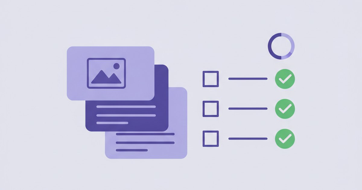 Flat editorial illustration of a stack of uploaded document and image files beside a checklist with green approval checkmarks and a progress ring, on an indigo background.