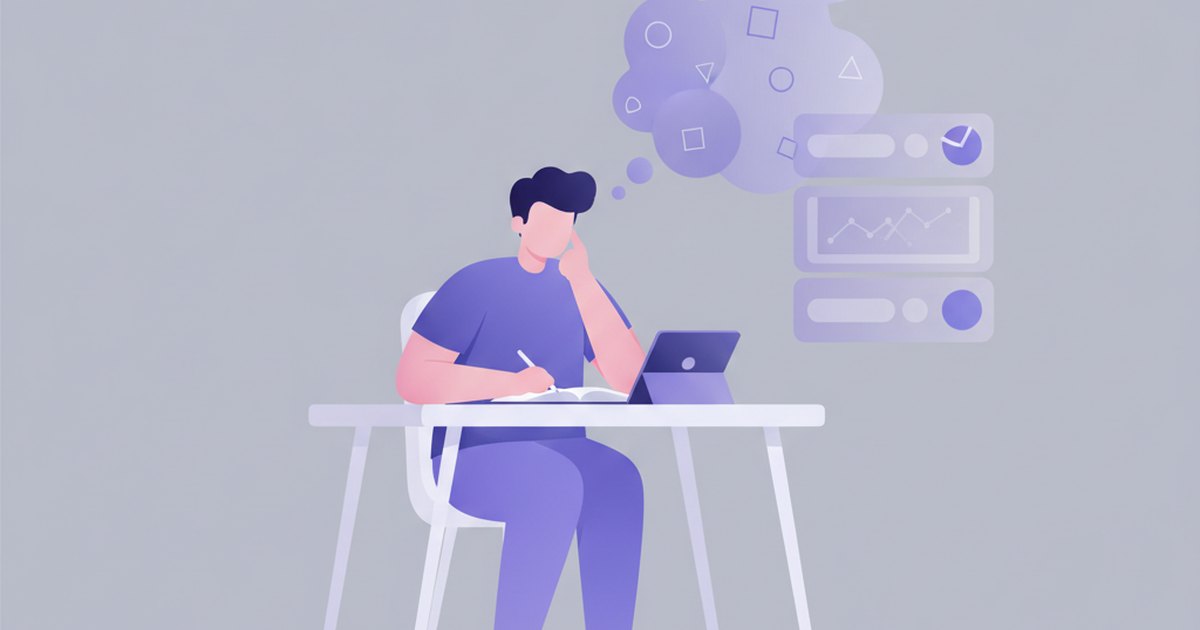 Flat editorial illustration of a student writing thoughtfully at a desk, with abstract thought bubbles flowing into a summary dashboard panel, on an indigo background.