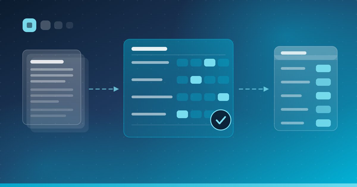 Flat brand illustration of AI grading software for higher education — a stack of student submissions flowing through a rubric grid with an approval checkmark into an LMS gradebook column.