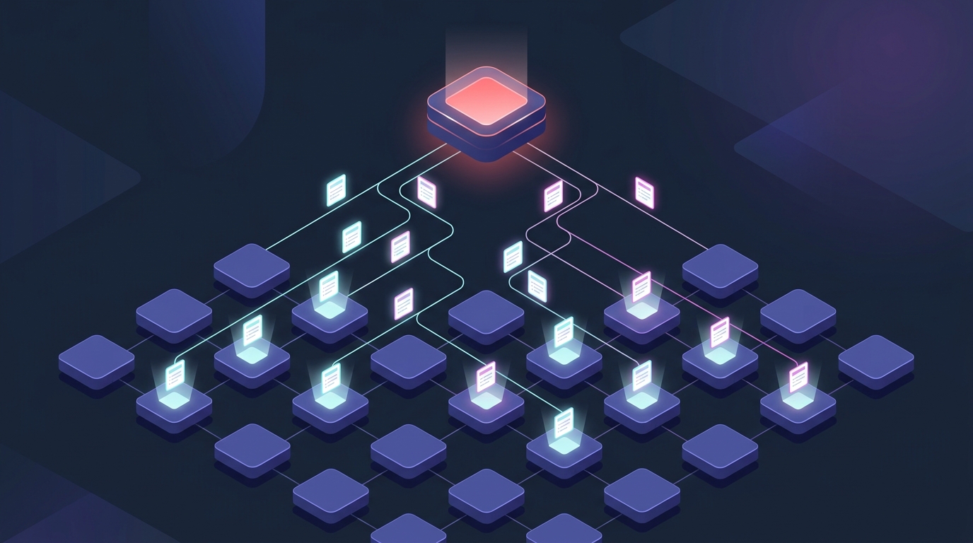 Isometric diagram of a Canvas Blueprint master course propagating synchronized content cards down to multiple child sections.