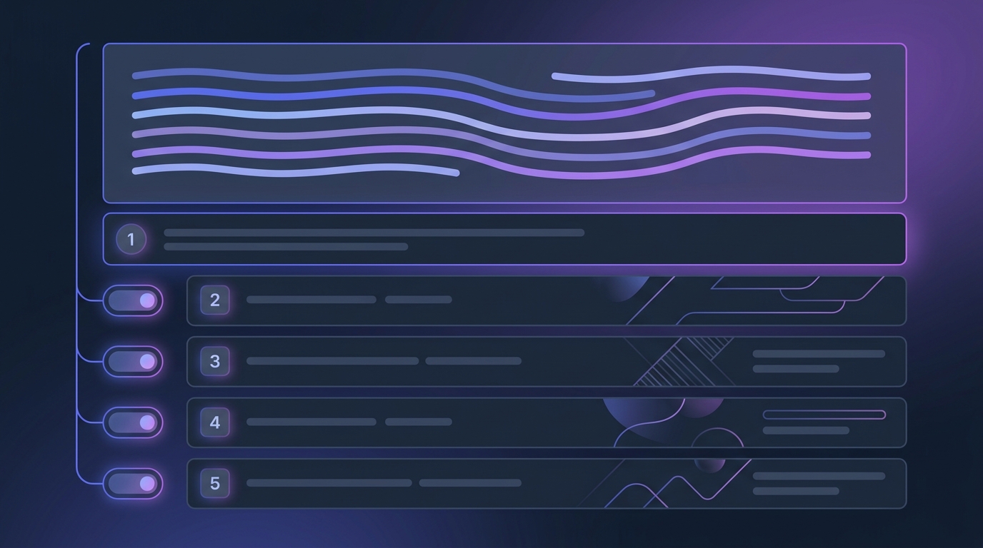 Dark editorial illustration: a wide panel of flowing lines standing in for a passage spans the top, with five numbered question rows beneath it joined by a line down the left edge — the first sits directly under the open panel, the rest each carry a small collapsed control to re-open it.
