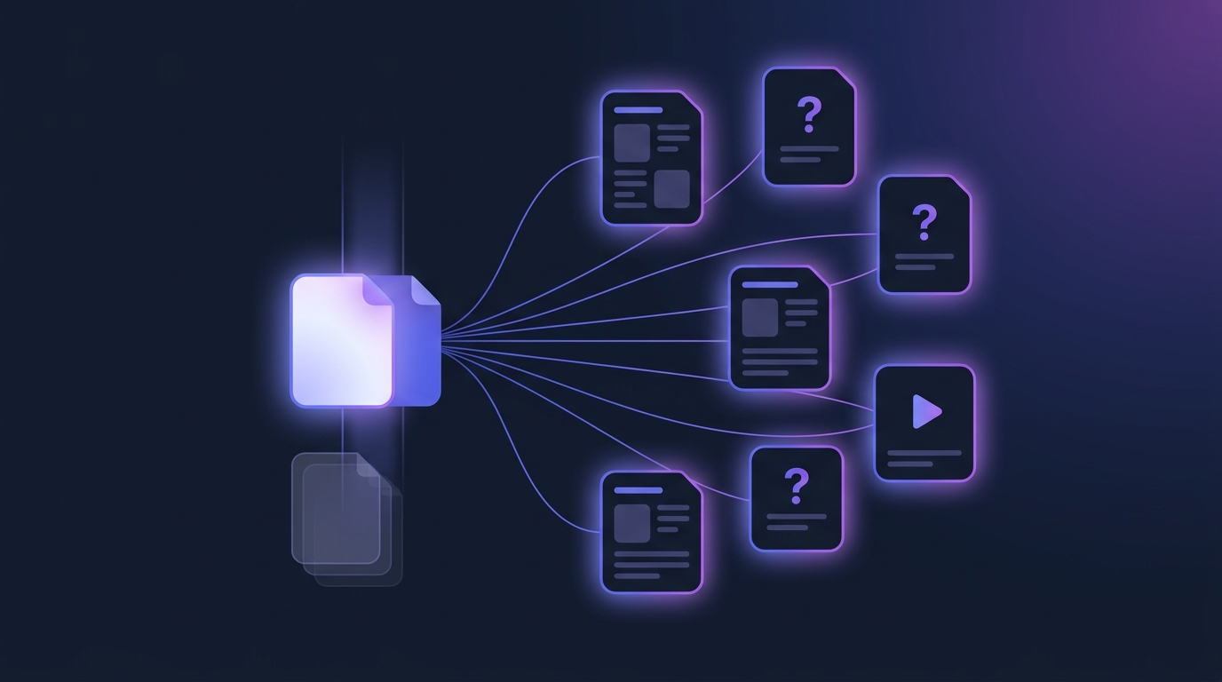 Dark editorial illustration: one glowing file card at the left fans thin indigo lines out to seven smaller cards — lesson pages, question cards and a video player — with a faint stack of earlier versions ghosted beneath the central file.