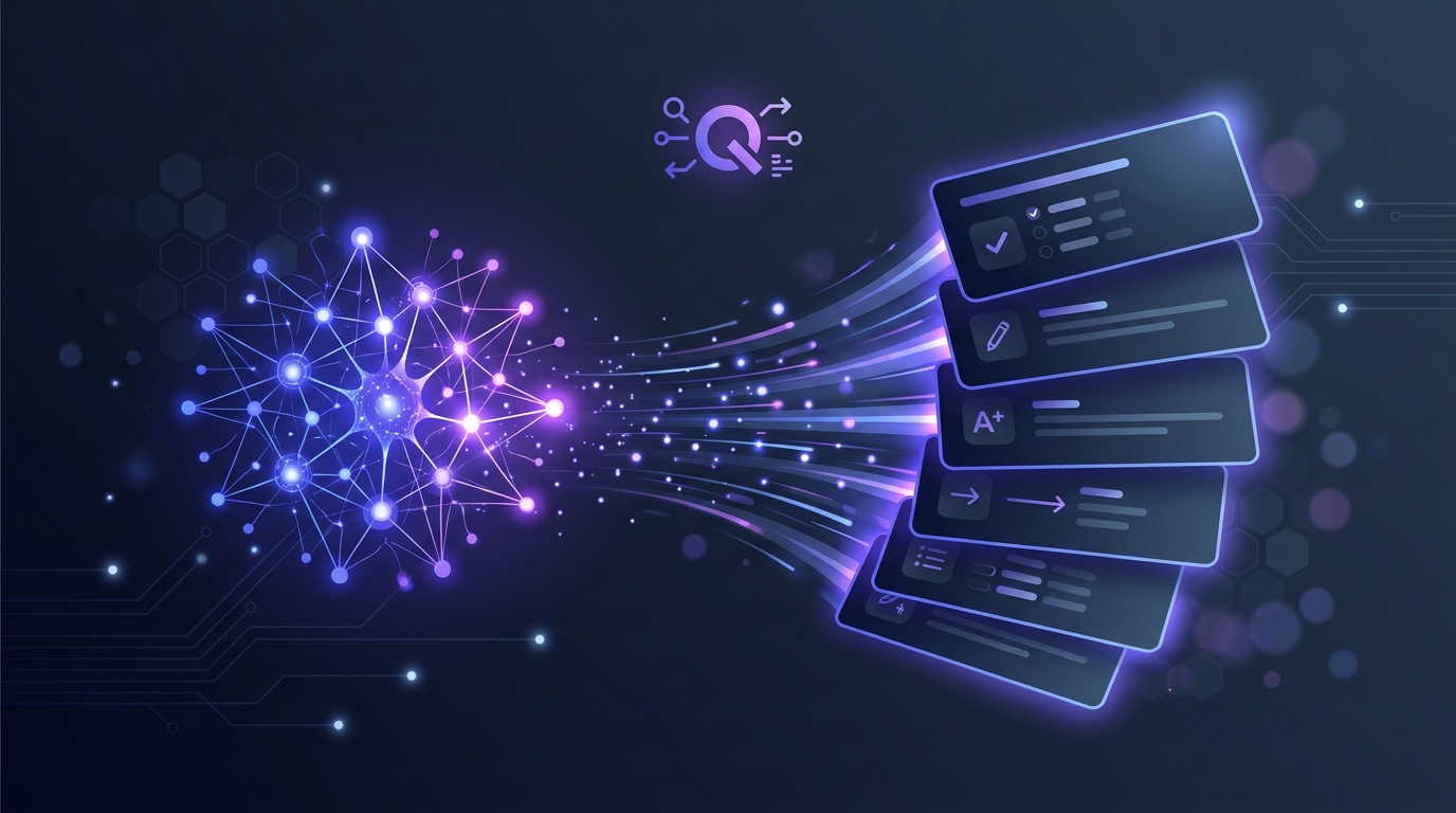 Abstract illustration of an AI question generator producing a stack of multiple-choice and short-answer question cards.
