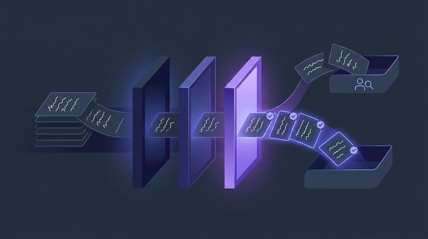 Flat editorial illustration of a stack of written answer sheets flowing through three filter stages, most cards resolving to a tick and a small remainder diverted to a trainer review tray, on a dark indigo background.
